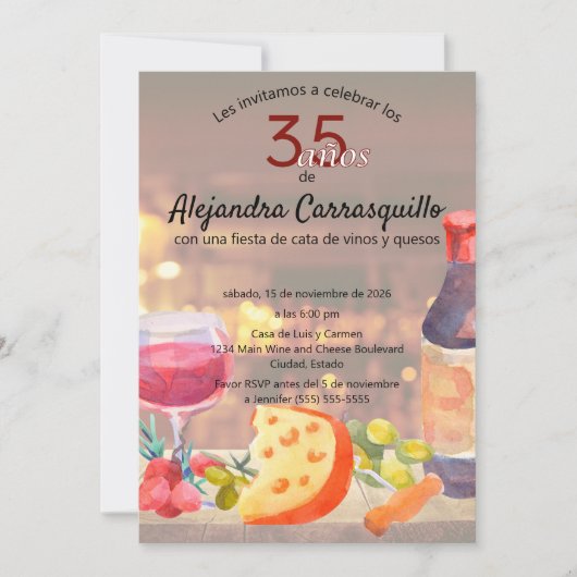 おもしろいスペインのワイン&チーズテイスティング35誕生日 招待状 (正面)