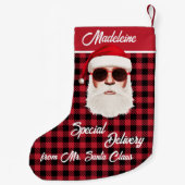 おもしろいスペシャルデリバリサンタレッドブラックバッファロープレイド スモールクリスマスストッキング (裏面)
