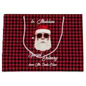 おもしろいスペシャルデリバリサンタレッドブラックバッファロープレイド ラージペーパーバッグ (正面)