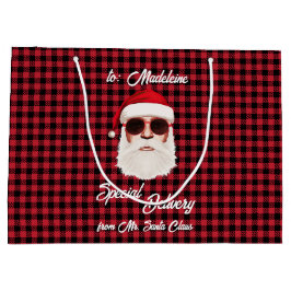 おもしろいスペシャルデリバリサンタレッドブラックバッファロープレイド ラージペーパーバッグ