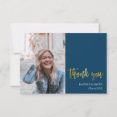 おもしろいスモダンクリプト青シンプルい写真卒業 サンキューカード (正面)