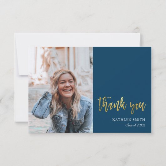 おもしろいスモダンクリプト青シンプルい写真卒業 サンキューカード (正面)