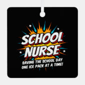 おもしろいスーパーヒーロー学校ナース評価 メタルオーナメント (正面)