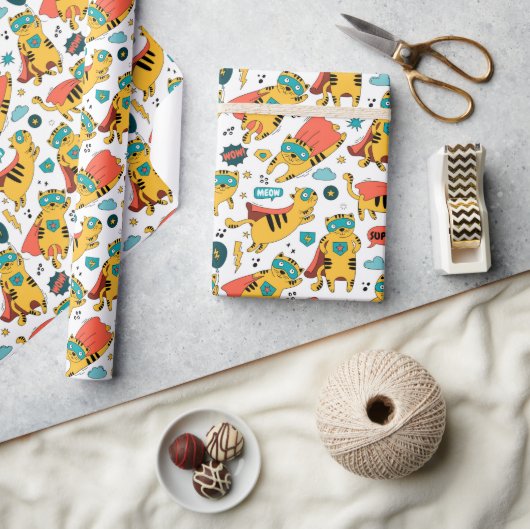 おもしろいスーパーヒーロー猫 ラッピングペーパー (クラフト)