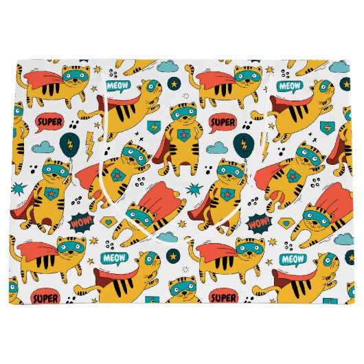 おもしろいスーパーヒーロー猫 ラージペーパーバッグ (正面)