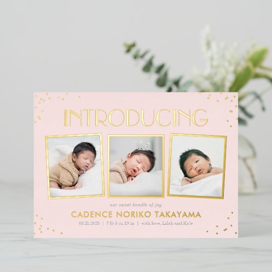 おもしろいス実在ナップストフォイル誕生のお知らせ 箔シーズンカード (立ち正面)