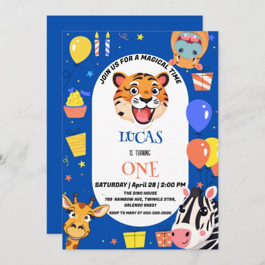 おもしろいタイガーゼブラヒッポサファリ動物園ワイルド誕生日 セーブザデート (正面/裏面)