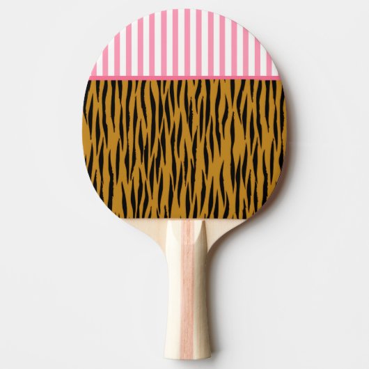 おもしろいタイガープリントとピンクのトリムとストライプ 卓球ラケット (正面)