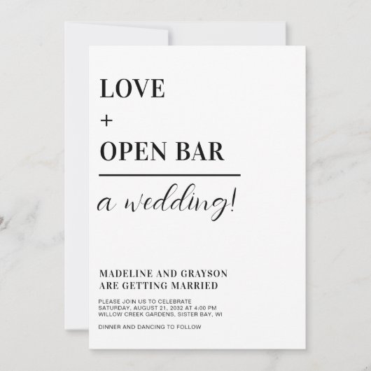 おもしろいタイポグラフィカジュアル結婚白黒 招待状 (正面)