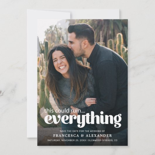 おもしろいタイポグラフィ写結婚真の発表 セーブザデート (正面)