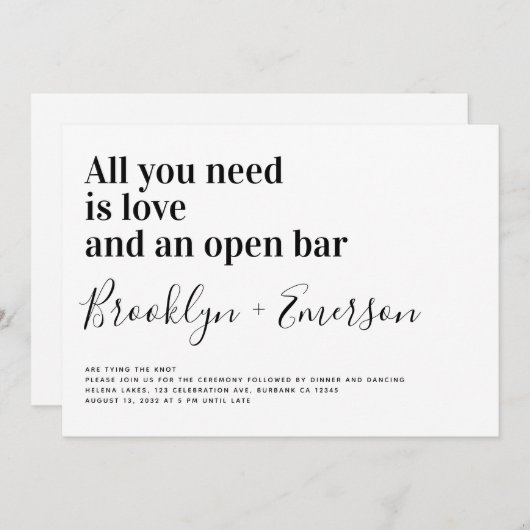 おもしろいタイポグラフィ白黒結婚式招待状 招待状 (正面/裏面)