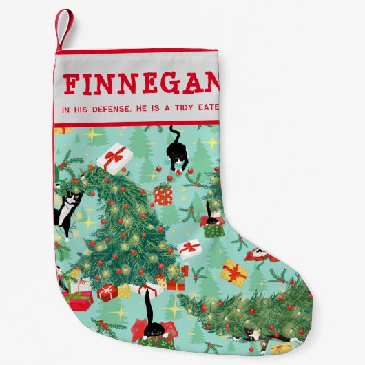 おもしろいタキシード猫とクリスマスツリーカスタム スモールクリスマスストッキング (正面)