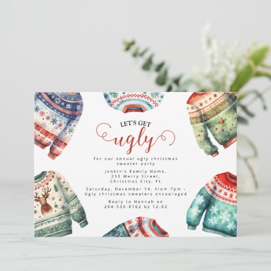 おもしろいタッキーで醜いクリスマスセーターパーティー 招待状 (スタンド正面)