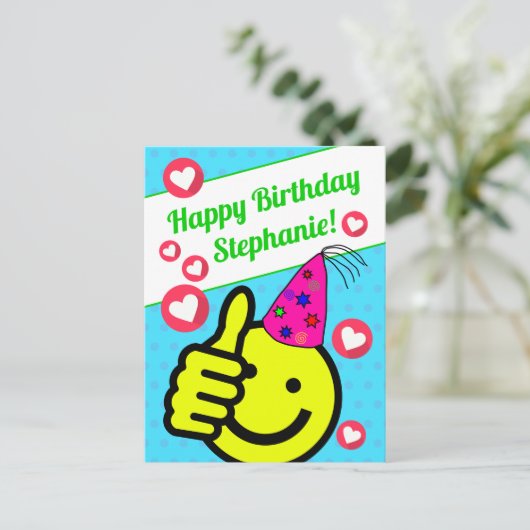 おもしろいターコイズスマイルフェイス あなたの名前 誕生日おめでとう ポストカード (スタンド正面)