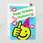 おもしろいターコイズスマイルフェイス あなたの名前 誕生日おめでとう ポストカード (正面/裏面)