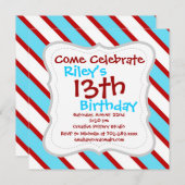 おもしろいターコイズブルー赤と白対角線ストライプ 招待状 (正面/裏面)