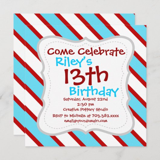 おもしろいターコイズブルー赤と白対角線ストライプ 招待状 (正面/裏面)