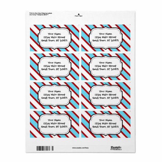 おもしろいターコイズ青赤と白対角ストライプ線 ラベル (フルシート)