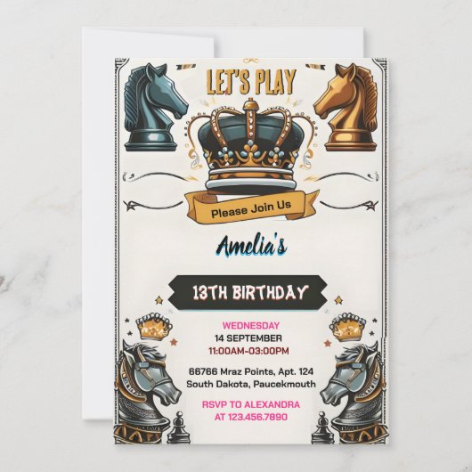 おもしろいチェスのキングとクイーンゲームナイト13誕生日 招待状 (正面)