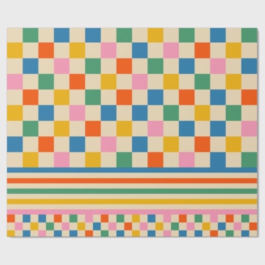 おもしろいチェッカラフルク市松模様にストライプレトロ80s 90s ラッピングペーパー (フラット)
