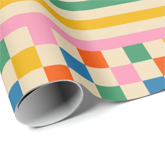 おもしろいチェッカラフルク市松模様にストライプレトロ80s 90s ラッピングペーパー (ロールコーナー)