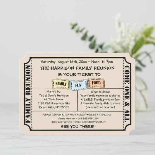 おもしろいチケットカットファミリー懇親会招待状 招待状 (スタンド正面)