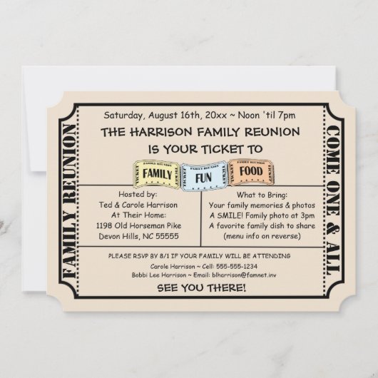 おもしろいチケットカットファミリー懇親会招待状 招待状 (正面)