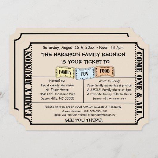 おもしろいチケットカットファミリー懇親会招待状 招待状 (正面/裏面)