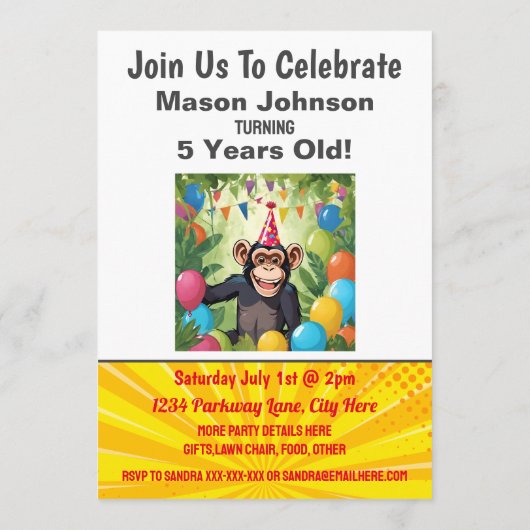 おもしろいチンパンジーキッズワイルドジャングル誕生日 招待状 (裏面)