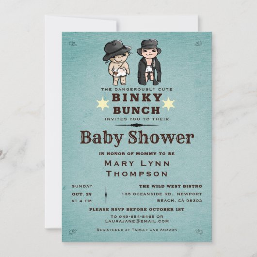おもしろいツインズビンキーバンチウェスタンベビーシャワー 招待状 (正面)