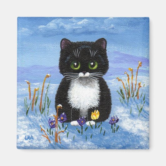おもしろいツキセド猫の冬の雪国 マグネット (正面)
