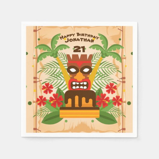 おもしろいティキバーバースデーパーティーケーキ&パームツリーレトロ スタンダードカクテルナプキン (正面)