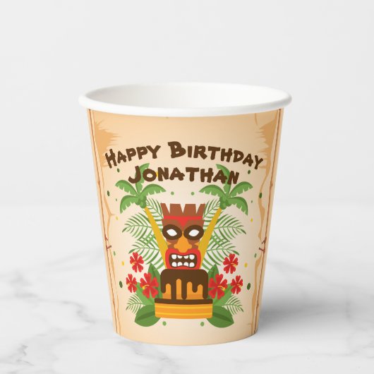 おもしろいティキバー誕生日ルアウ（ハワイ式宴会）ハワイアンレトロカクテル 紙コップ (正面)