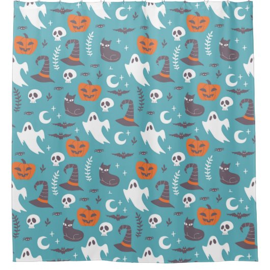 おもしろいティール（緑がかった色）ドールハロウィンパターン シャワーカーテン (正面)