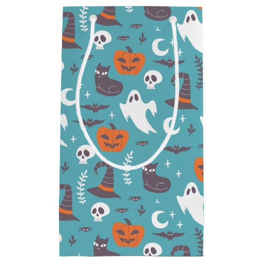 おもしろいティール(緑がかった色)ドールハロウィンパターン スモールペーパーバッグ (正面)