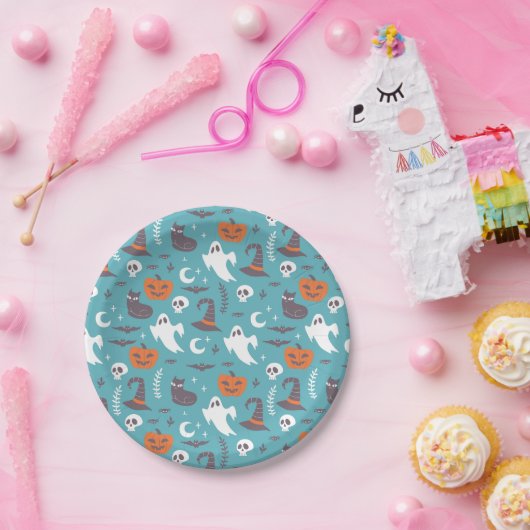 おもしろいティール（緑がかった色）ドールハロウィンパターン ペーパープレート (パーティー)