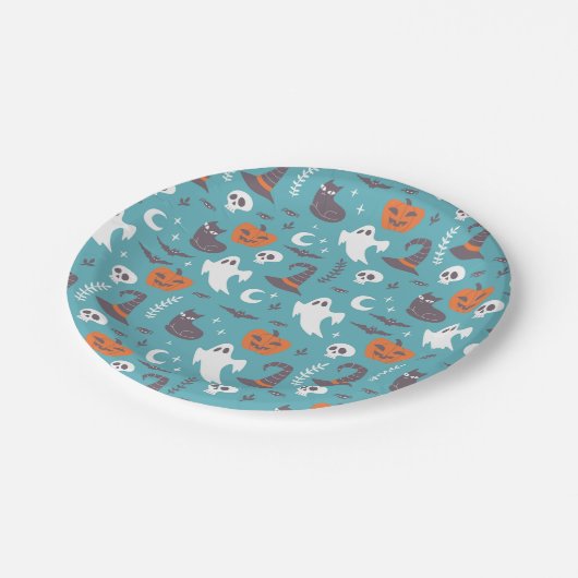 おもしろいティール（緑がかった色）ドールハロウィンパターン ペーパープレート (アングル)