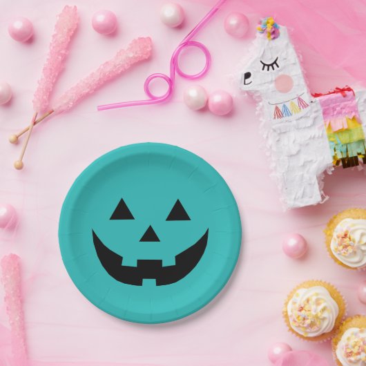 おもしろいティール（緑がかった色）ハロウィーンのカボチャのちょうちんパンプキン顔ハロウィーン ペーパープレート (パーティー)