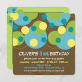 おもしろいティール（緑がかった色）バブルドット写真少年1歳の誕生日パーティー 招待状 (正面/裏面)