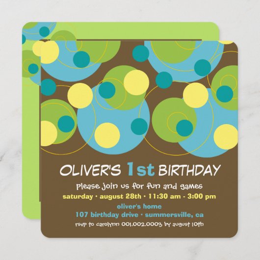 おもしろいティール(緑がかった色)バブルドット写真少年1歳の誕生日パーティー 招待状 (正面/裏面)