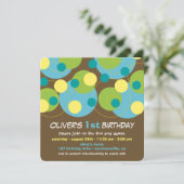 おもしろいティール(緑がかった色)バブルドット写真少年1歳の誕生日パーティー 招待状 (スタンド正面)