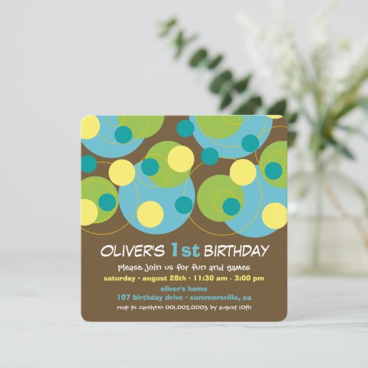 おもしろいティール（緑がかった色）バブルドット写真少年1歳の誕生日パーティー 招待状 (スタンド正面)