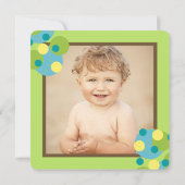 おもしろいティール(緑がかった色)バブルドット写真少年1歳の誕生日パーティー 招待状 (裏面)