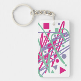 おもしろいティール(緑がかった色)ピンクパープルドット三角形の正方形の線 キーホルダー