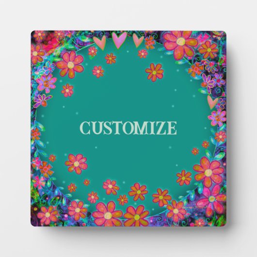 おもしろいティール（緑がかった色）フローラお洒落パーソナライズされたハート フォトプラーク (正面)