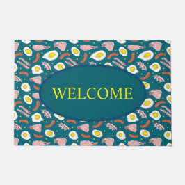 おもしろいティール（緑がかった色）ブルーエッグアンドベーコンフライドブレックファースト ドアマット