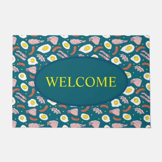 おもしろいティール(緑がかった色)ブルーエッグアンドベーコンフライドブレックファースト ドアマット (正面)