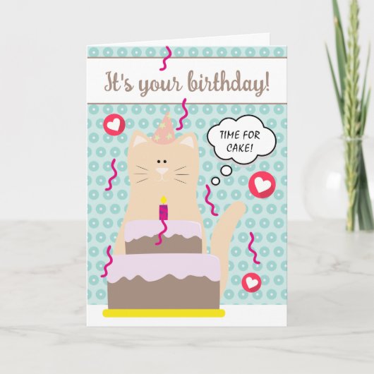 おもしろいティール（緑がかった色）ブルーキャットタイムケーキハッピーバースデー カード (正面)