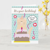 おもしろいティール（緑がかった色）ブルーキャットタイムケーキハッピーバースデー カード (黄色い花)