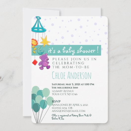 おもしろいティール（緑がかった色）及びパープル移動式ベビーシャワー招待状 招待状 (正面)